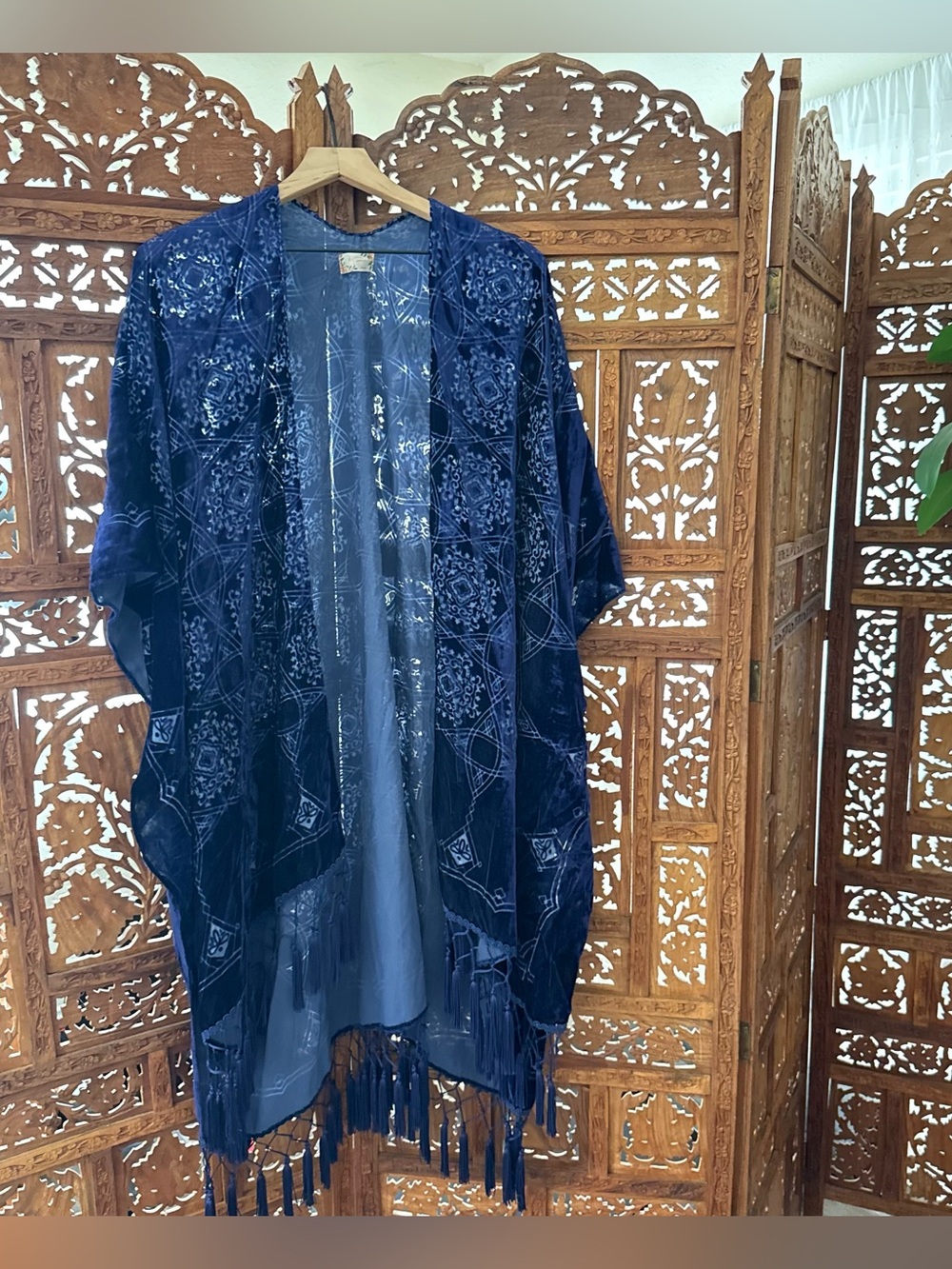 Blue velvet burnout kimono with fringe